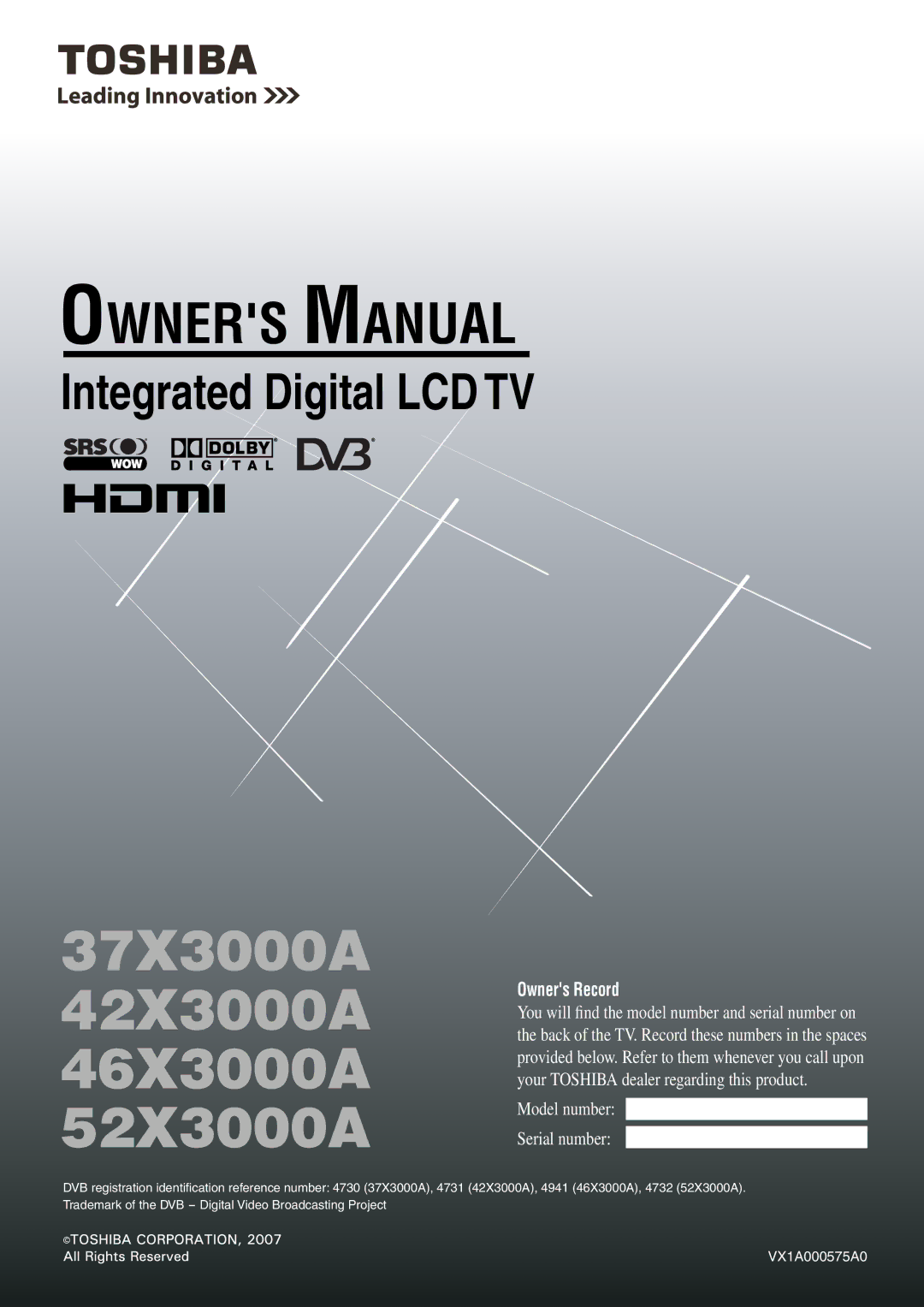 Toshiba owner manual 37X3000A 42X3000A 46X3000A 52X3000A 