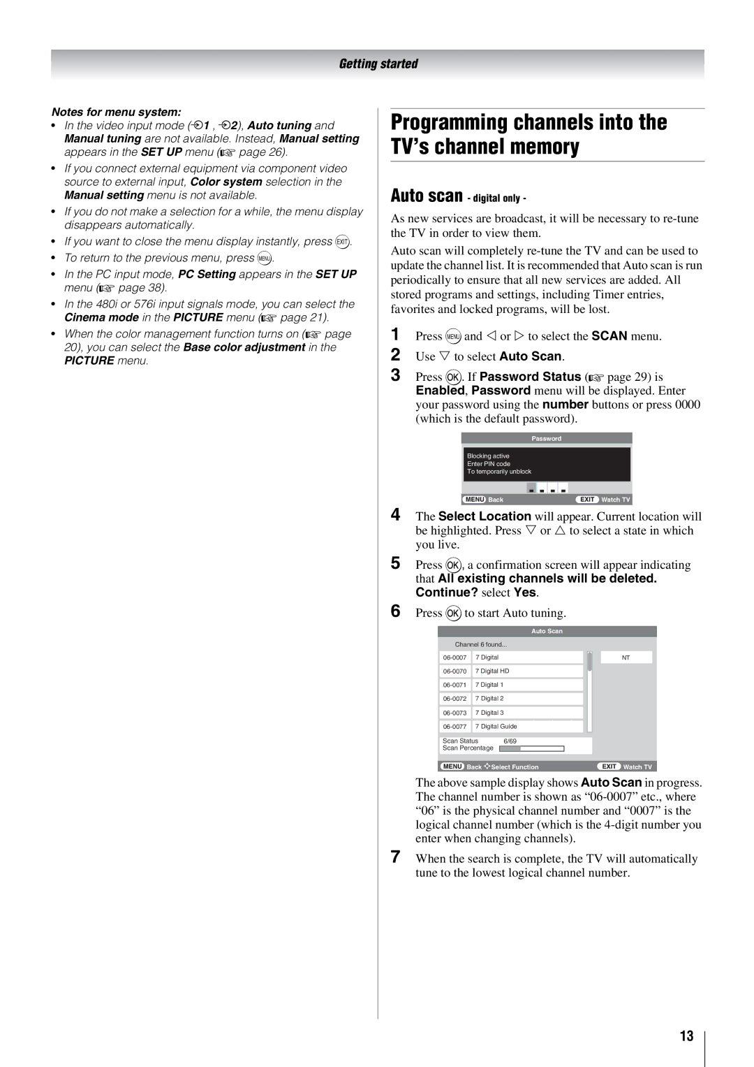 Toshiba 46X3000A, 37X3000A, 52X3000A, 42X3000A owner manual Programming channels into the TV’s channel memory 