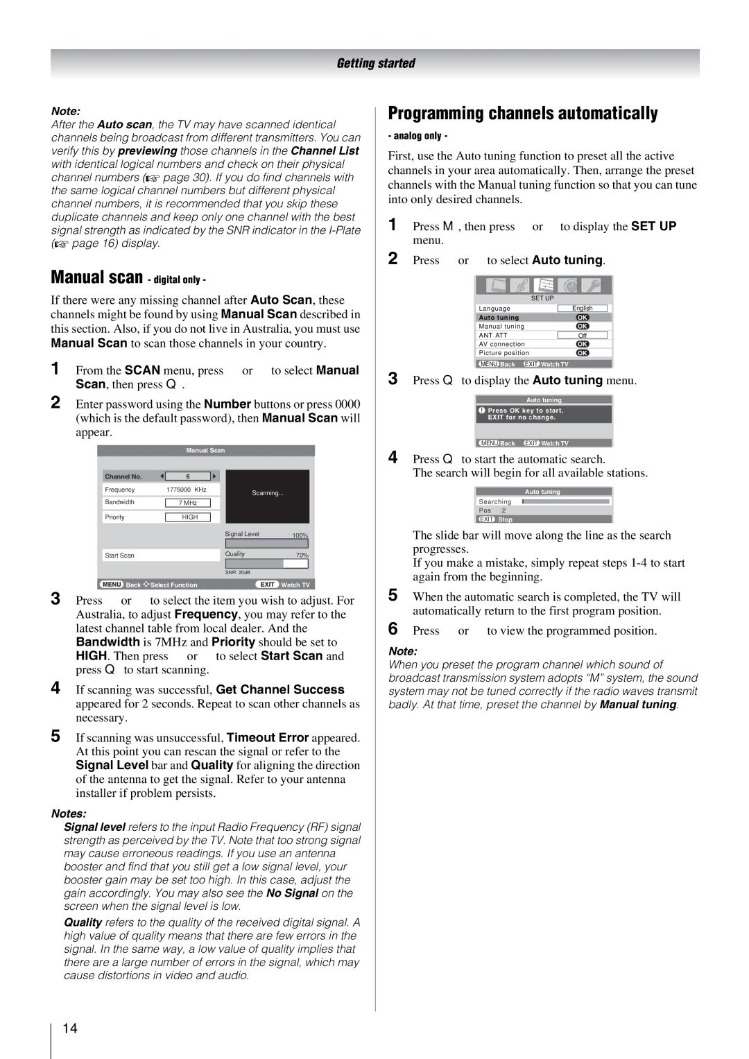 Toshiba 52X3000A, 37X3000A, 46X3000A, 42X3000A Programming channels automatically, Press Q to display the Auto tuning menu 