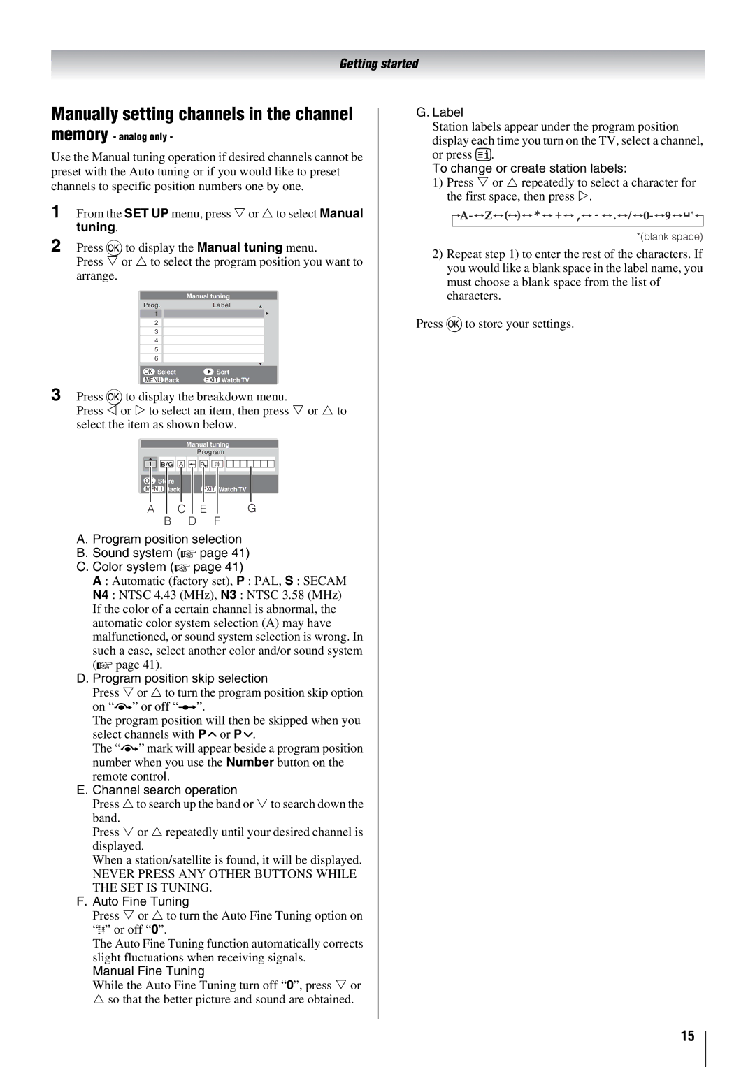 Toshiba 42X3000A Manually setting channels in the channel memory, Program position selection Sound system Color system 