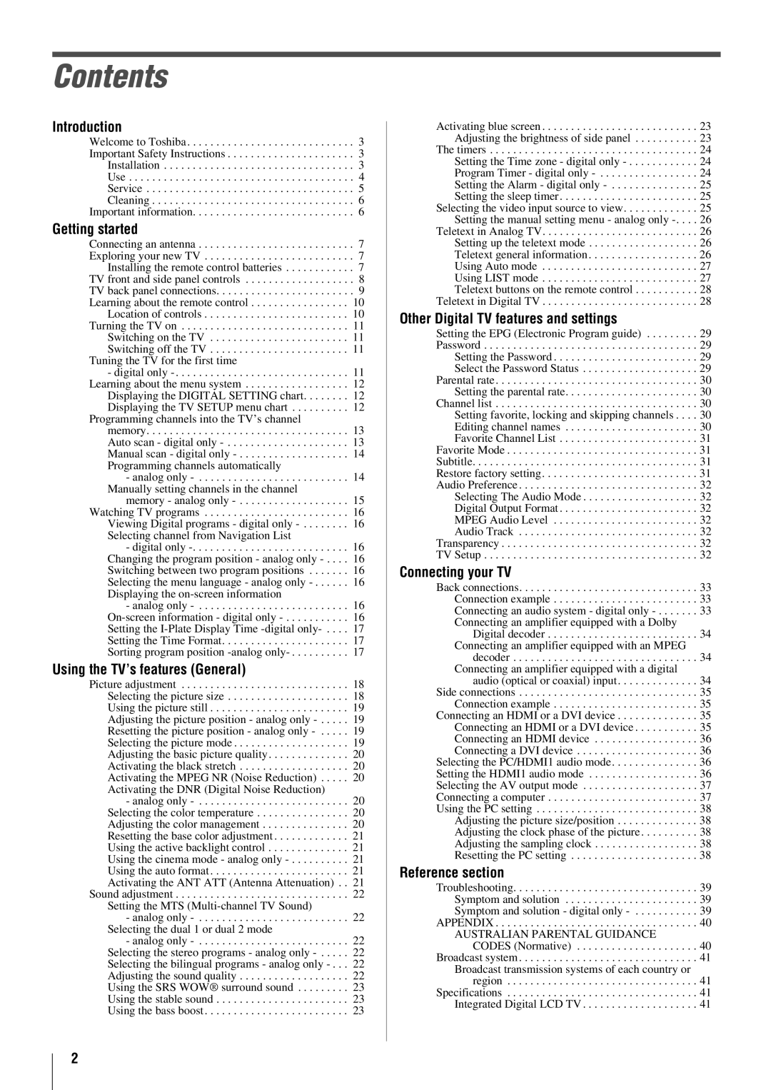 Toshiba 52X3000A, 37X3000A, 46X3000A, 42X3000A owner manual Contents 