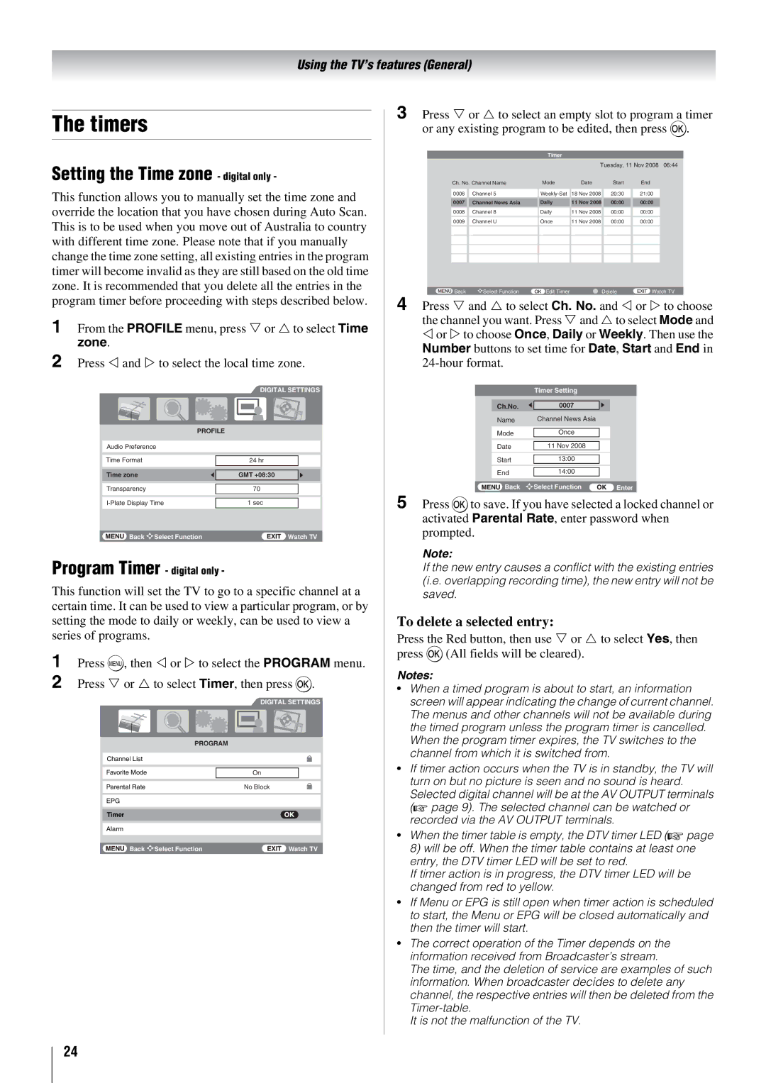 Toshiba 37X3000A, 46X3000A, 52X3000A, 42X3000A Timers, Setting the Time zone digital only, To delete a selected entry 