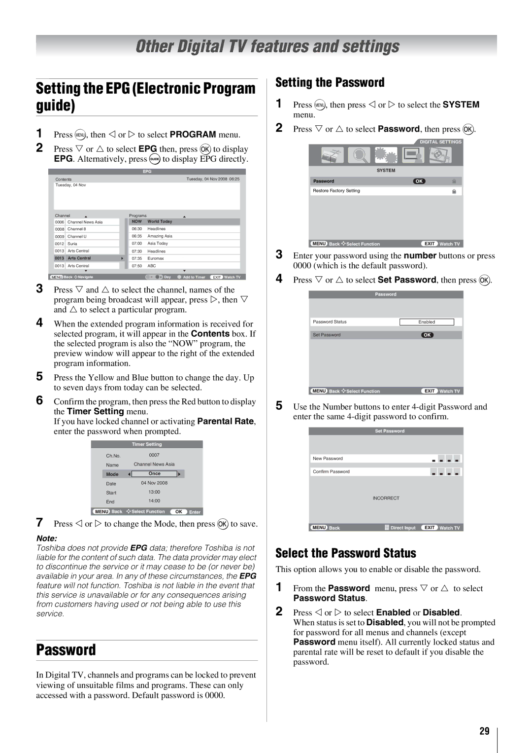 Toshiba 46X3000A, 37X3000A Other Digital TV features and settings, Setting the EPG Electronic Program guide, Password 