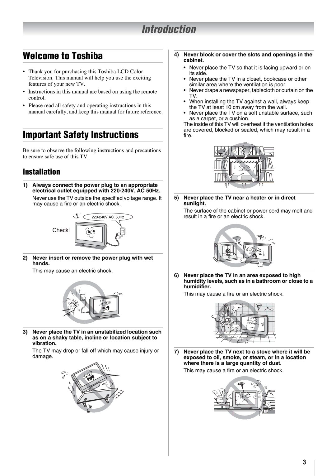 Toshiba 42X3000A, 37X3000A, 46X3000A, 52X3000A Introduction, Welcome to Toshiba, Important Safety Instructions, Installation 