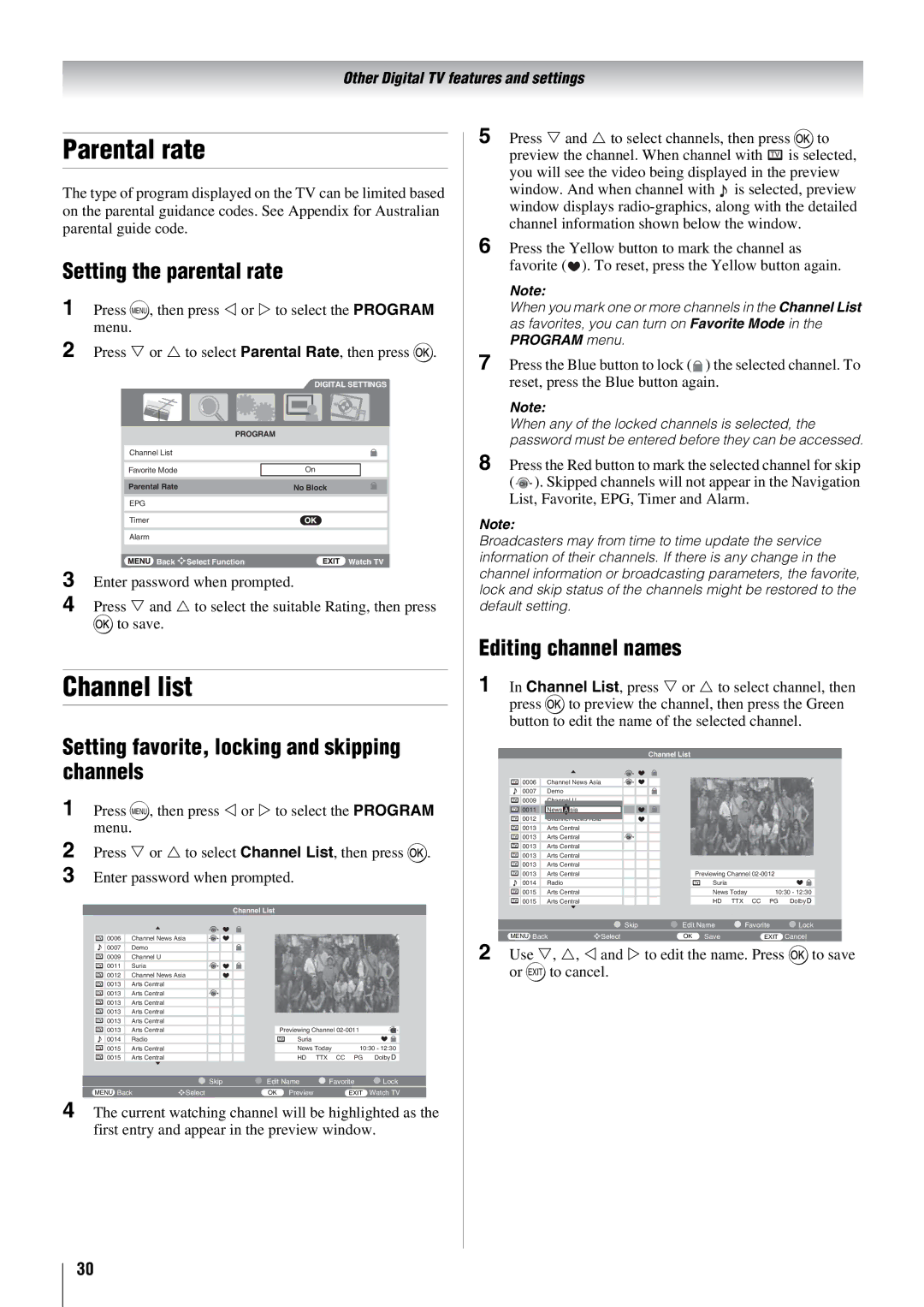 Toshiba 52X3000A Parental rate, Channel list, Setting the parental rate, Setting favorite, locking and skipping channels 