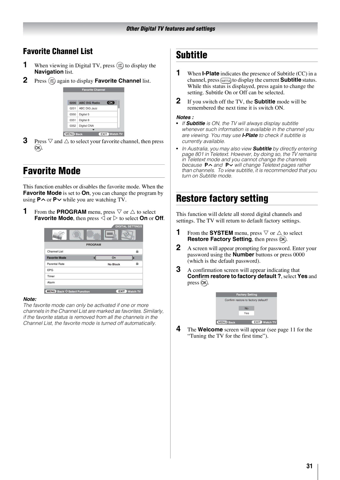 Toshiba 42X3000A, 37X3000A, 46X3000A, 52X3000A Favorite Mode, Subtitle, Restore factory setting, Favorite Channel List 