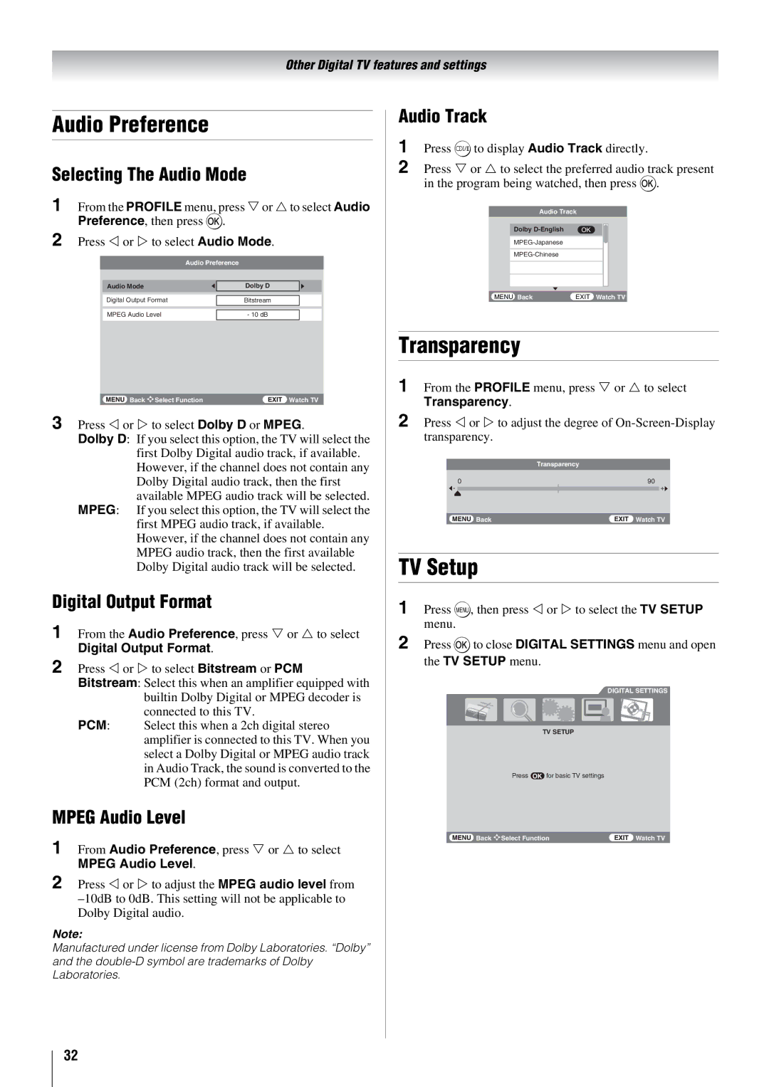 Toshiba 37X3000A, 46X3000A, 52X3000A, 42X3000A owner manual Audio Preference, Transparency, TV Setup 