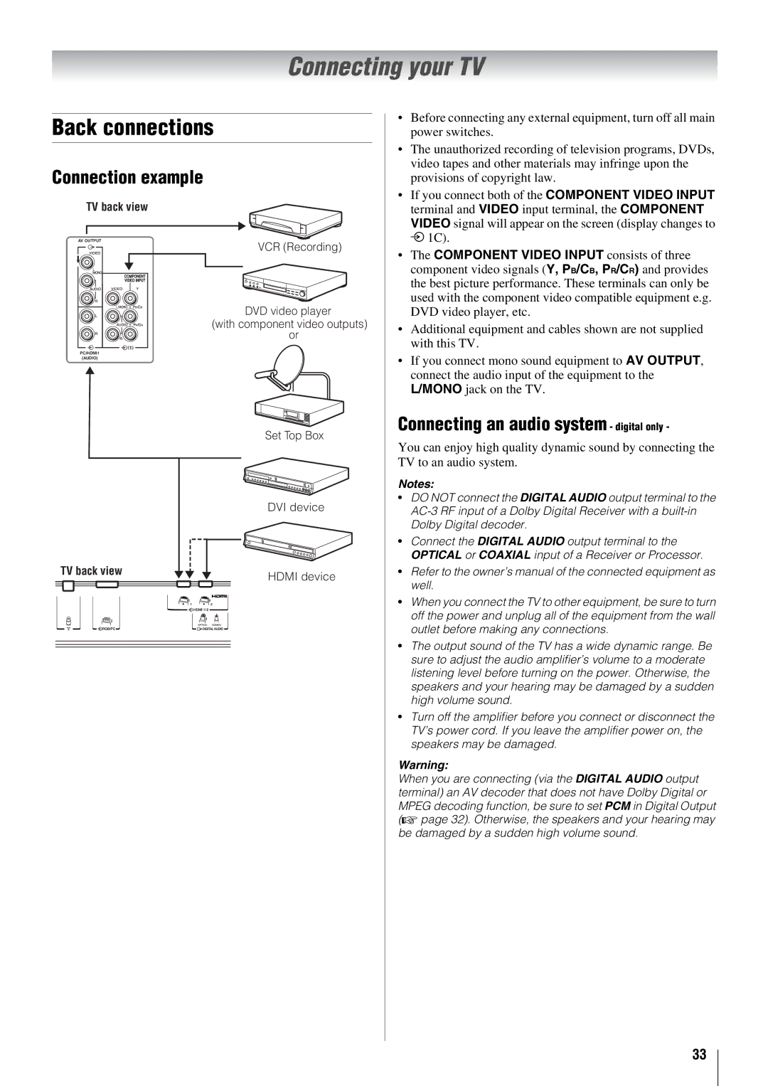 Toshiba 46X3000A Connecting your TV, Back connections, Connection example, Connecting an audio system digital only 