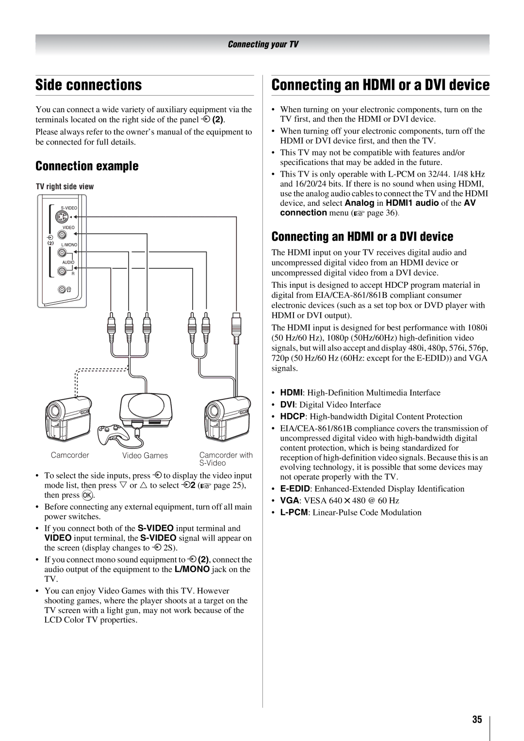 Toshiba 42X3000A, 37X3000A, 46X3000A, 52X3000A owner manual Side connections, Connecting an Hdmi or a DVI device 