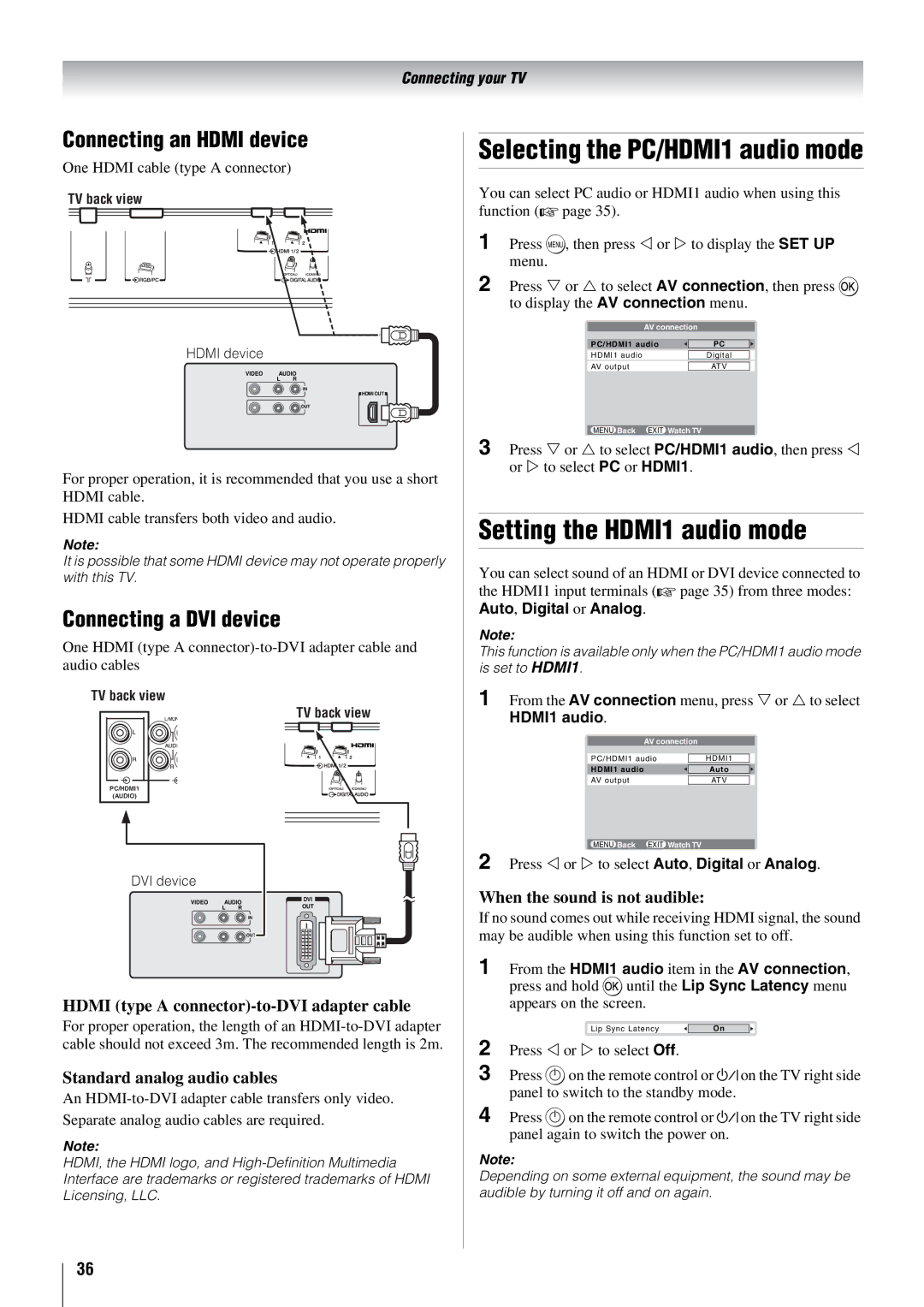 Toshiba 37X3000A, 46X3000A, 52X3000A Setting the HDMI1 audio mode, Connecting an Hdmi device, Connecting a DVI device 