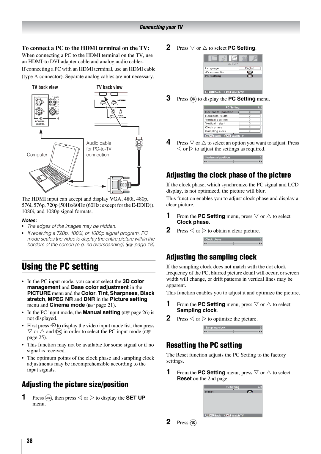 Toshiba 52X3000A Using the PC setting, Adjusting the clock phase of the picture, Adjusting the picture size/position 