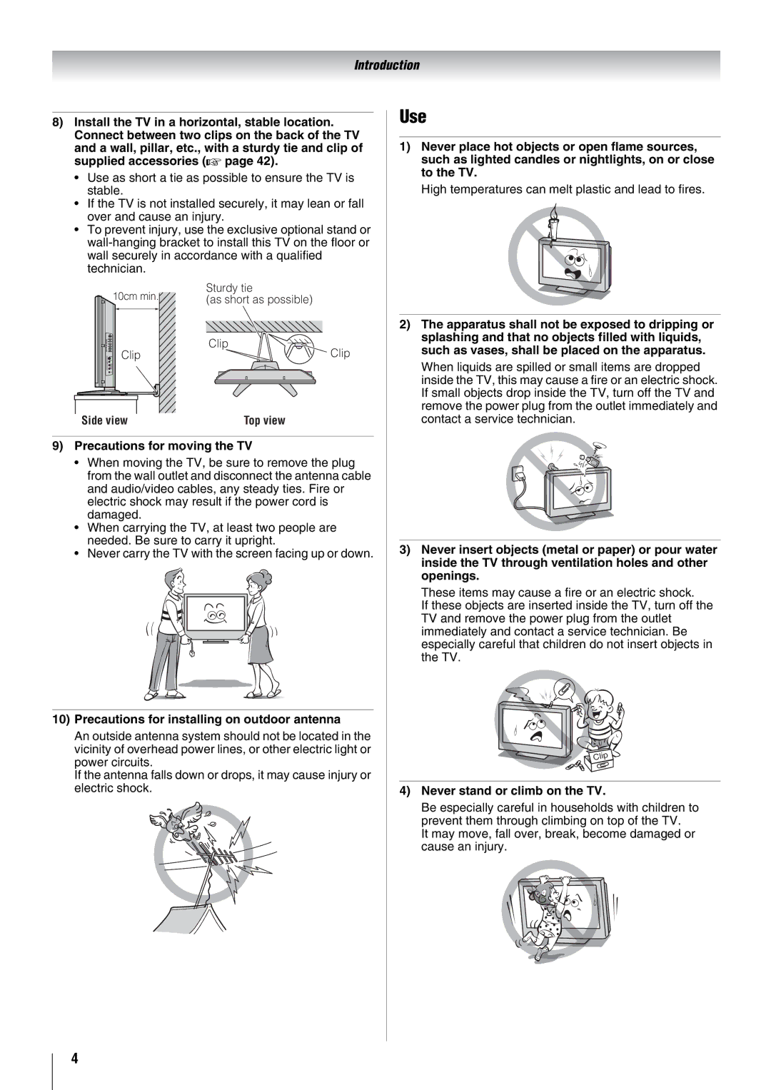 Toshiba 37X3000A, 46X3000A, 52X3000A Use, Precautions for moving the TV, Precautions for installing on outdoor antenna 