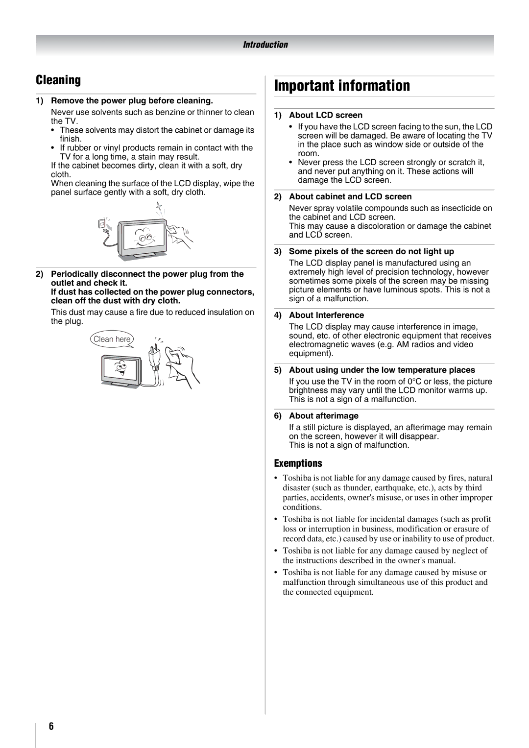 Toshiba 52X3000A, 37X3000A, 46X3000A, 42X3000A owner manual Important information, Cleaning 