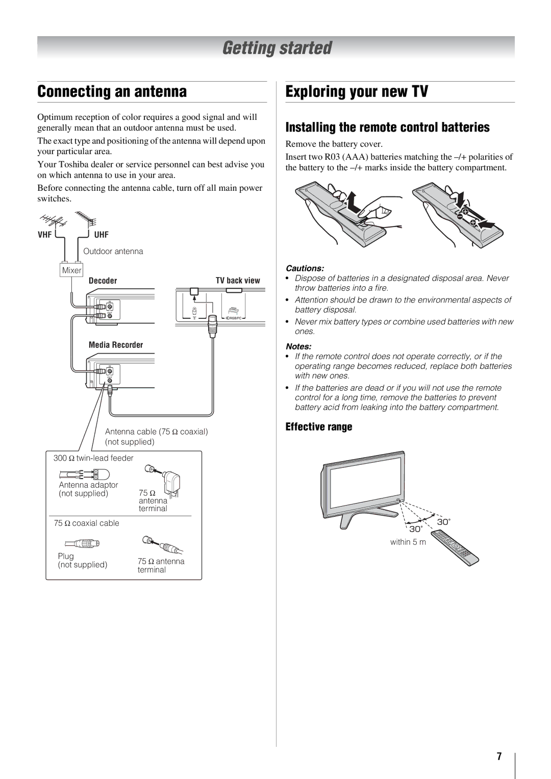 Toshiba 42X3000A Getting started, Connecting an antenna, Exploring your new TV, Installing the remote control batteries 