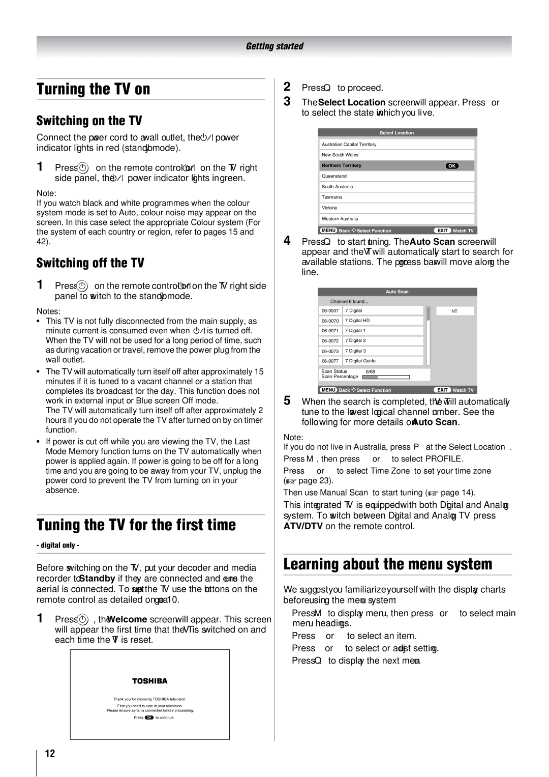 Toshiba 37XV500A Turning the TV on, Tuning the TV for the first time, Learning about the menu system, Switching on the TV 