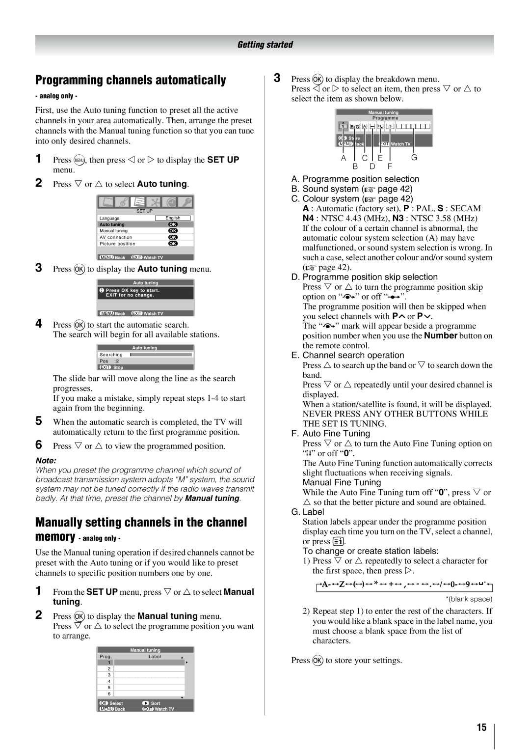 Toshiba 37XV500A, 46XV500A, 42XV500A Programming channels automatically, Manually setting channels in the channel memory 