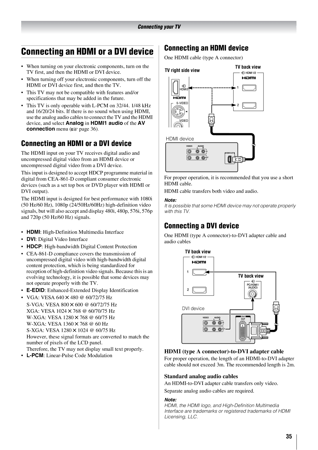 Toshiba 42XV500A, 37XV500A, 46XV500A Connecting an Hdmi device, Connecting an Hdmi or a DVI device, Connecting a DVI device 