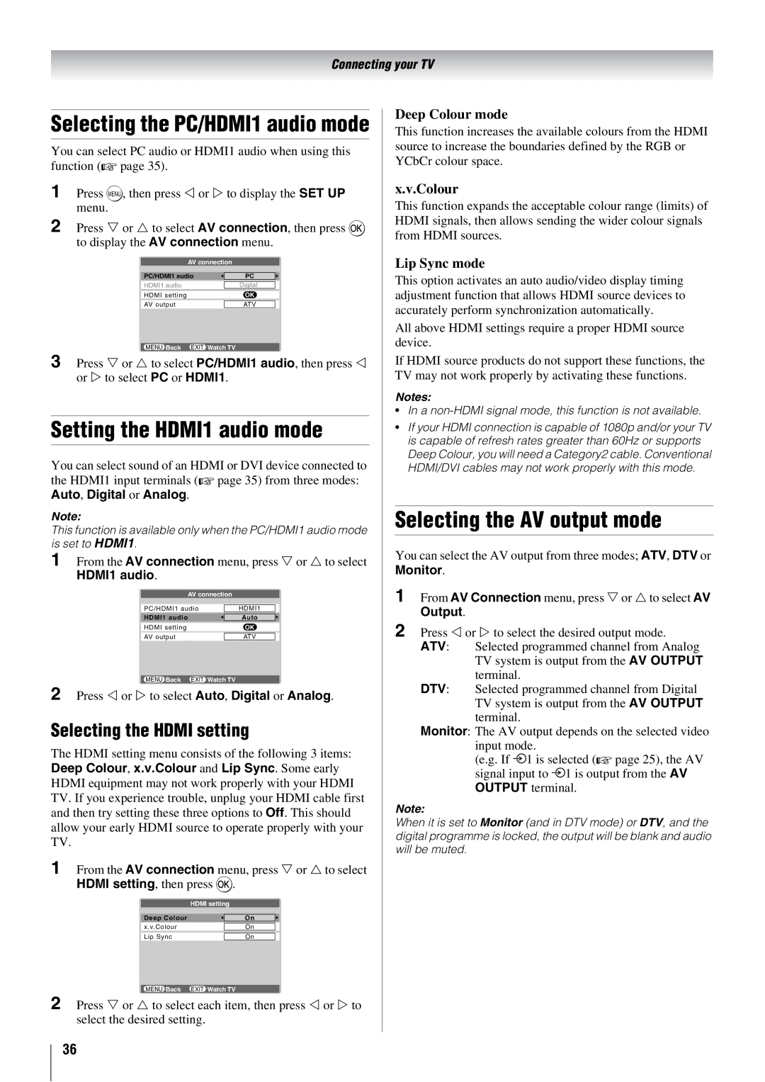 Toshiba 37XV500A, 46XV500A, 42XV500A Setting the HDMI1 audio mode, Selecting the AV output mode, Selecting the Hdmi setting 