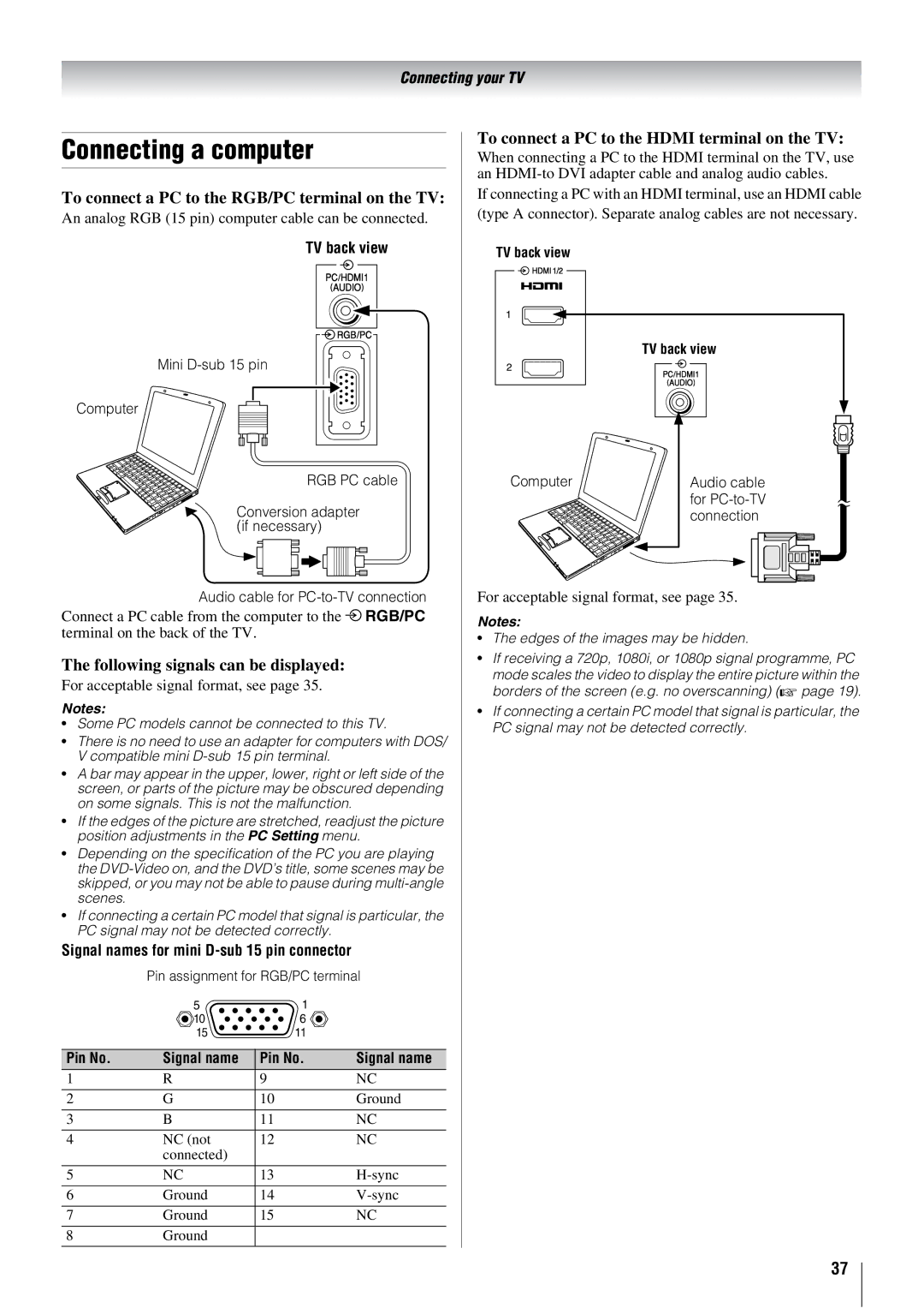 Toshiba 46XV500A, 37XV500A, 42XV500A owner manual Connecting a computer, To connect a PC to the RGB/PC terminal on the TV 