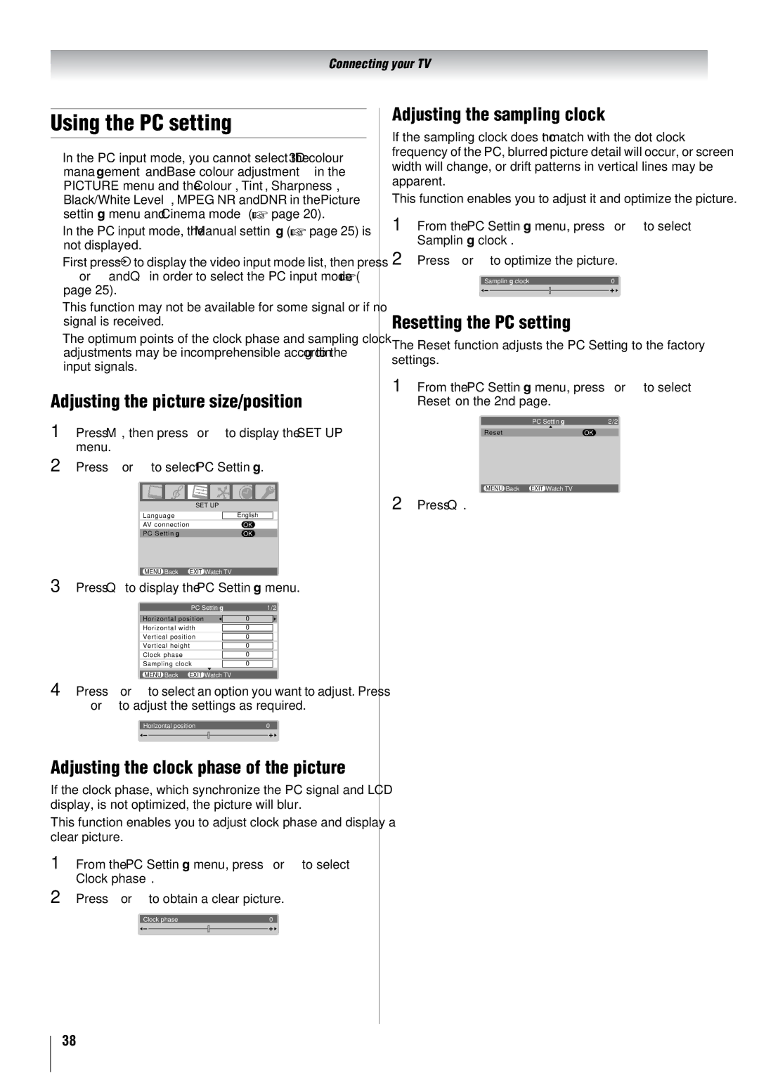 Toshiba 42XV500A, 37XV500A Using the PC setting, Adjusting the picture size/position, Adjusting the sampling clock 