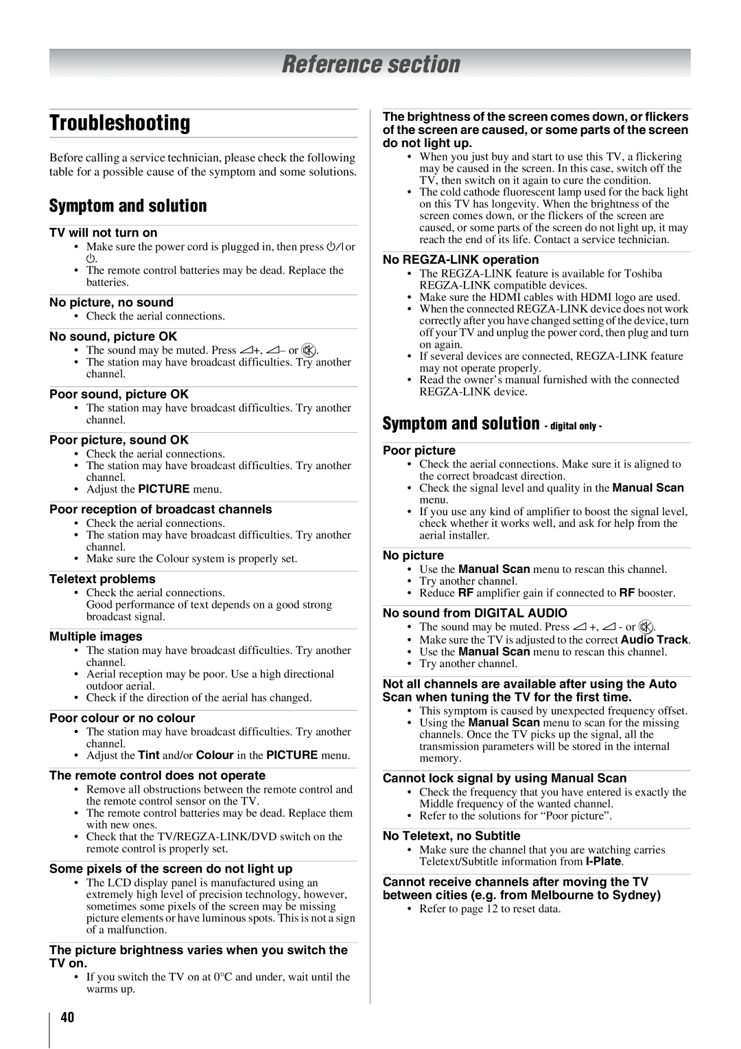 Toshiba 46XV500A, 37XV500A, 42XV500A owner manual Reference section, Troubleshooting, Symptom and solution digital only 