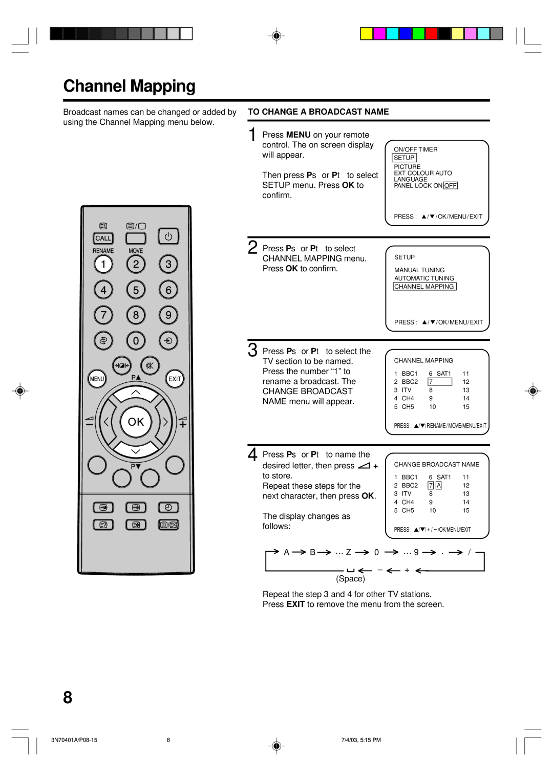 Toshiba 15V31B, 3N70401A, 15V31D manual Channel Mapping 