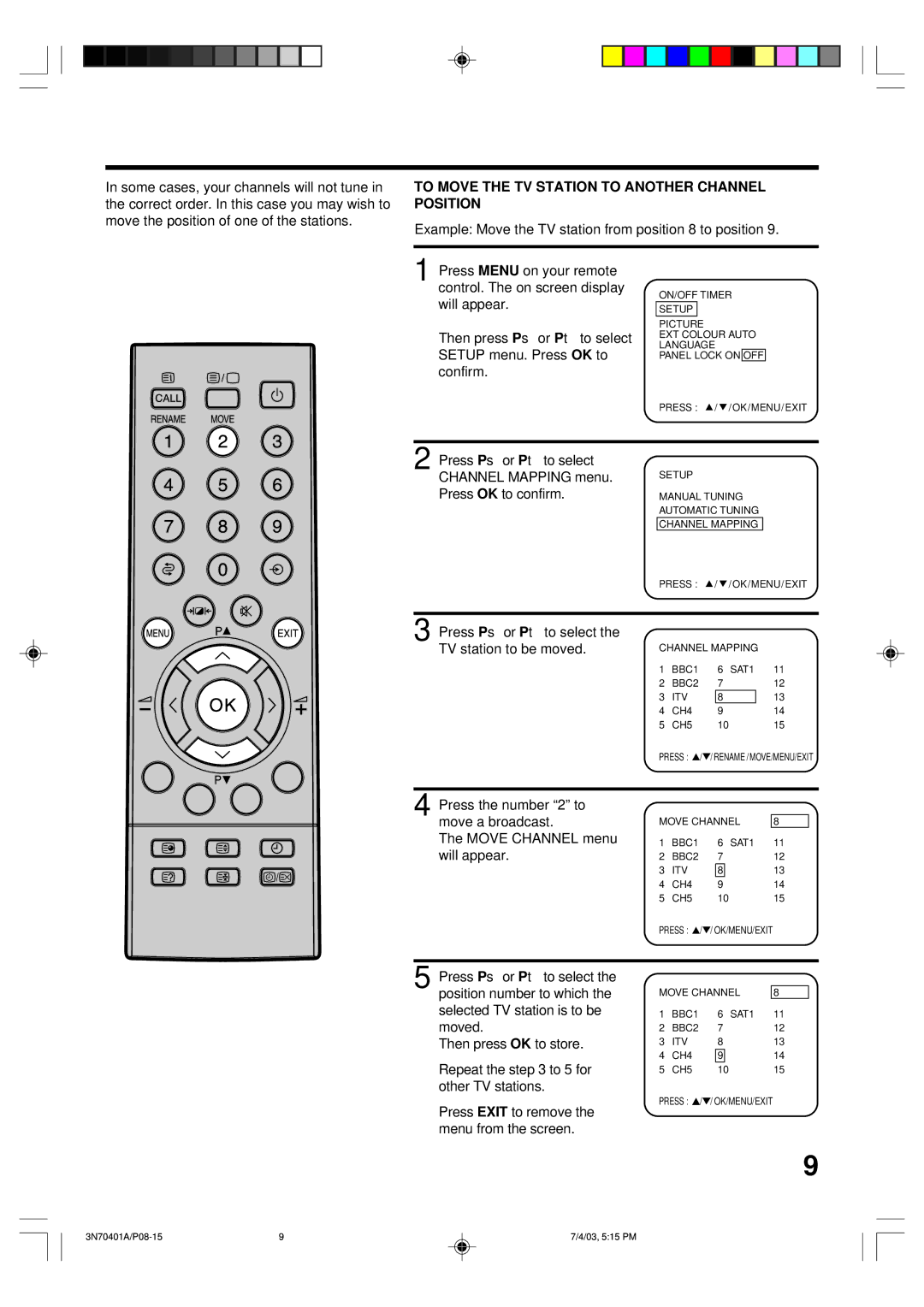 Toshiba 3N70401A, 15V31D, 15V31B manual To Move the TV Station to Another Channel Position 