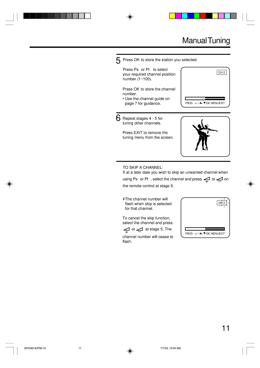 Toshiba 15V31D, 3N70401A, 15V31B manual Repeat stages 4 5 for tuning other channels, To Skip a Channel 