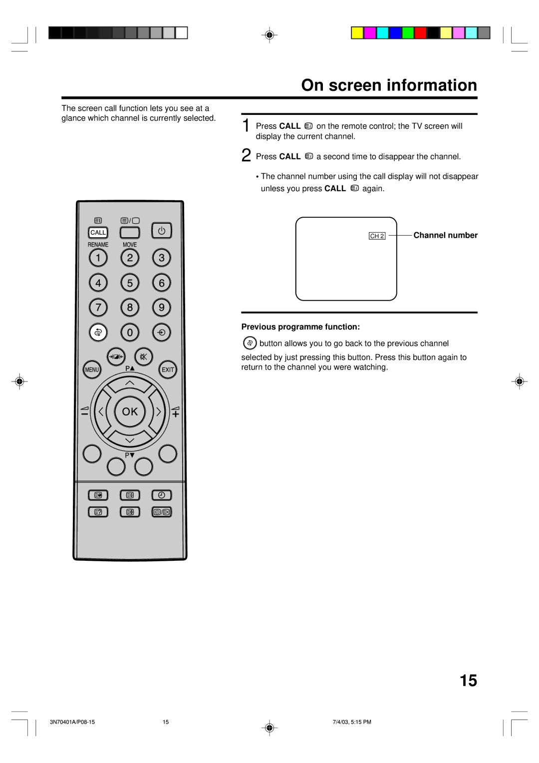 Toshiba 15V31D, 3N70401A, 15V31B manual On screen information, CH 2 Channel number Previous programme function 