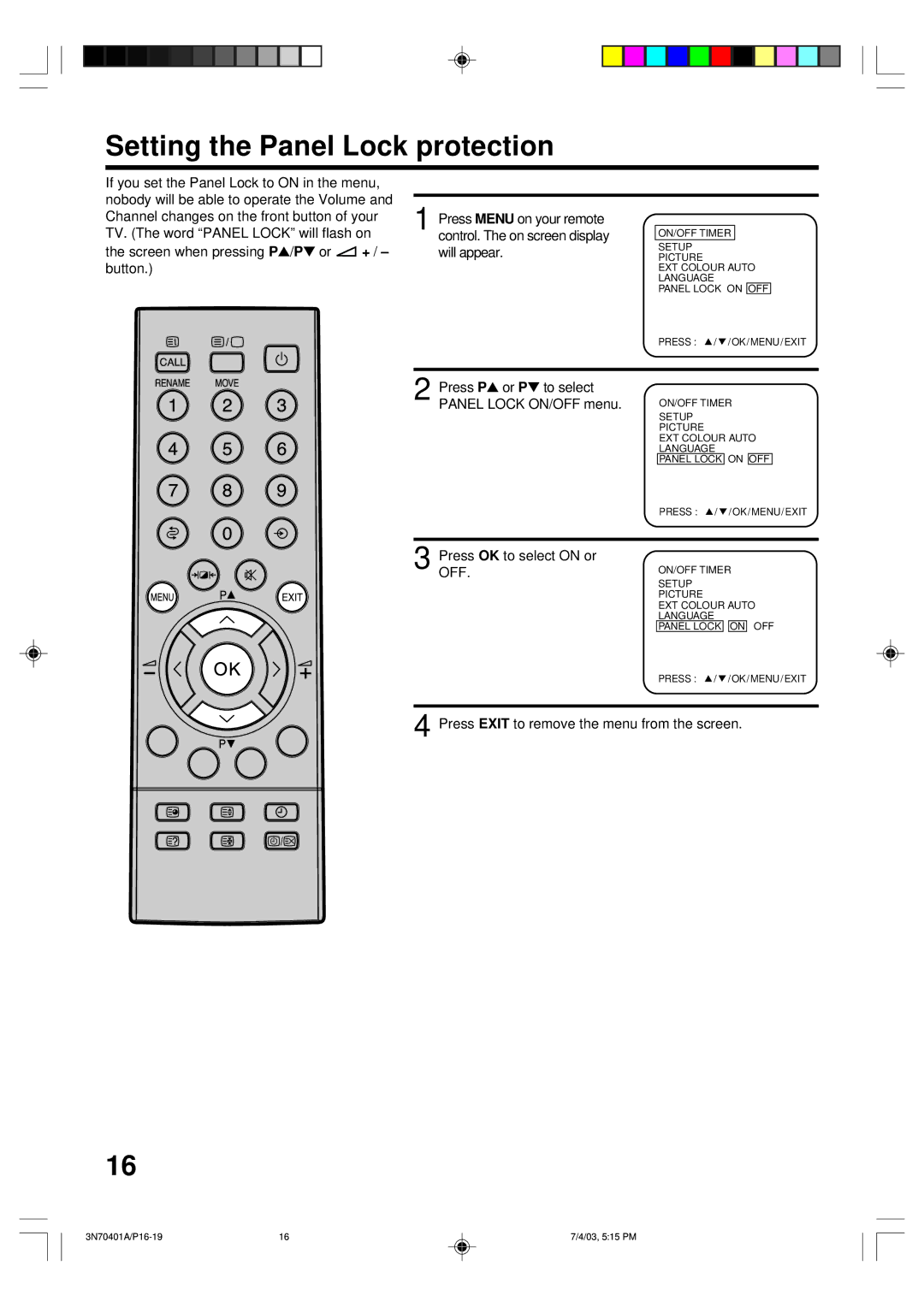 Toshiba 15V31B, 3N70401A, 15V31D manual Setting the Panel Lock protection, Press P or P to select Panel Lock ON/OFF menu 