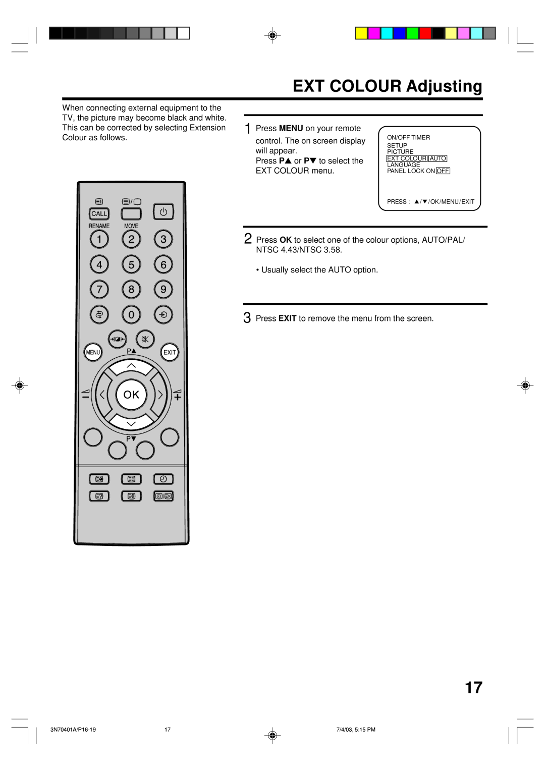 Toshiba 3N70401A, 15V31D, 15V31B manual EXT Colour Adjusting 