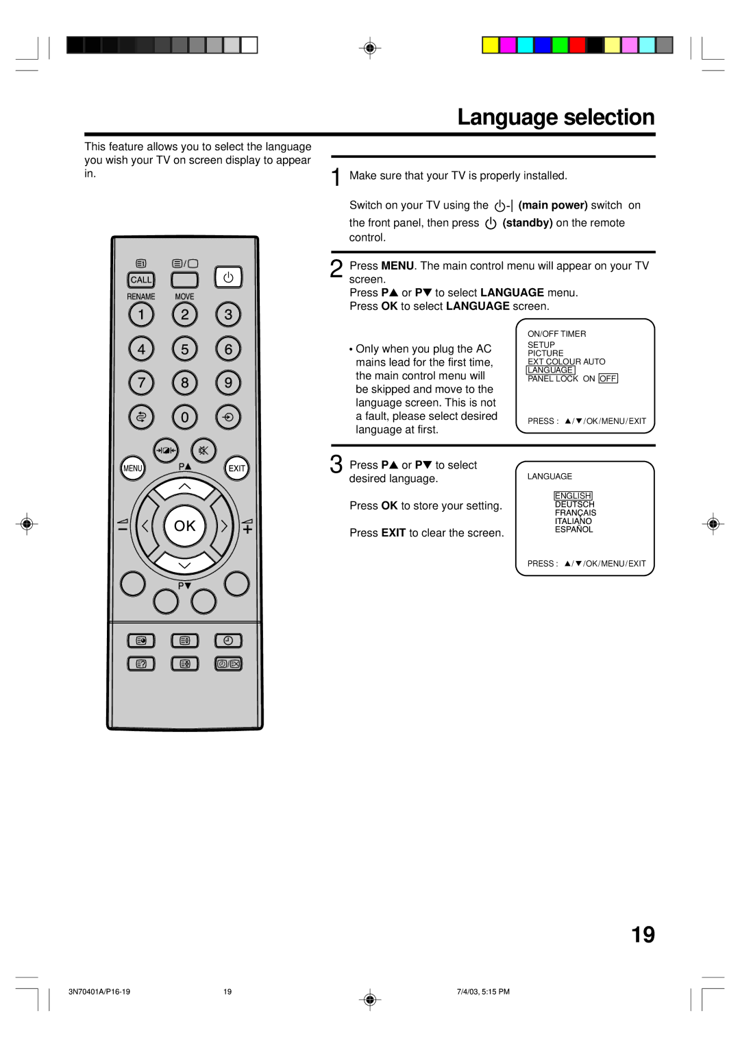 Toshiba 15V31D, 3N70401A, 15V31B manual Language selection, Main power switch on 