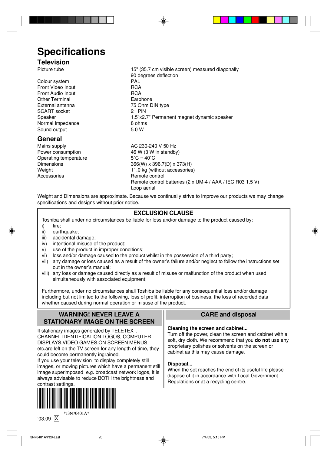 Toshiba 3N70401A, 15V31D, 15V31B manual Specifications, Cleaning the screen and cabinet, Disposal 