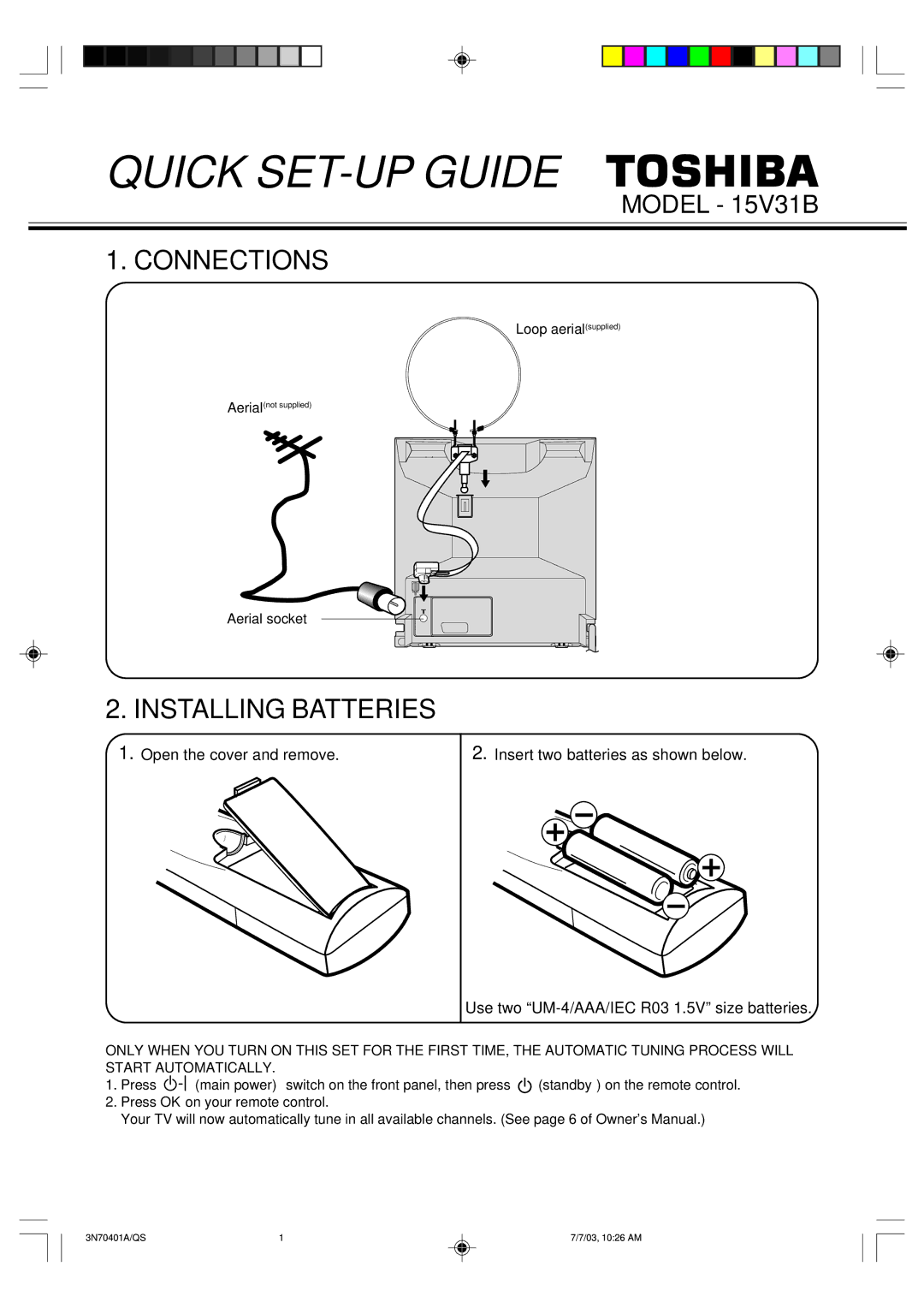 Toshiba 15V31D, 3N70401A, 15V31B manual Quick SET-UP Guide, Aerial socket 