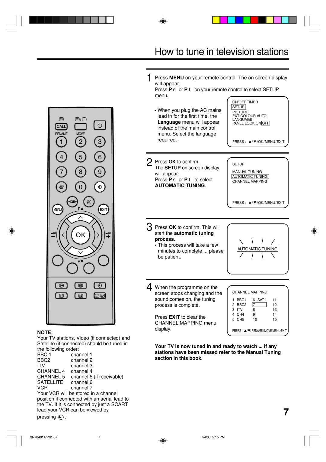 Toshiba 15V31D, 3N70401A, 15V31B manual How to tune in television stations, Automatic Tuning 