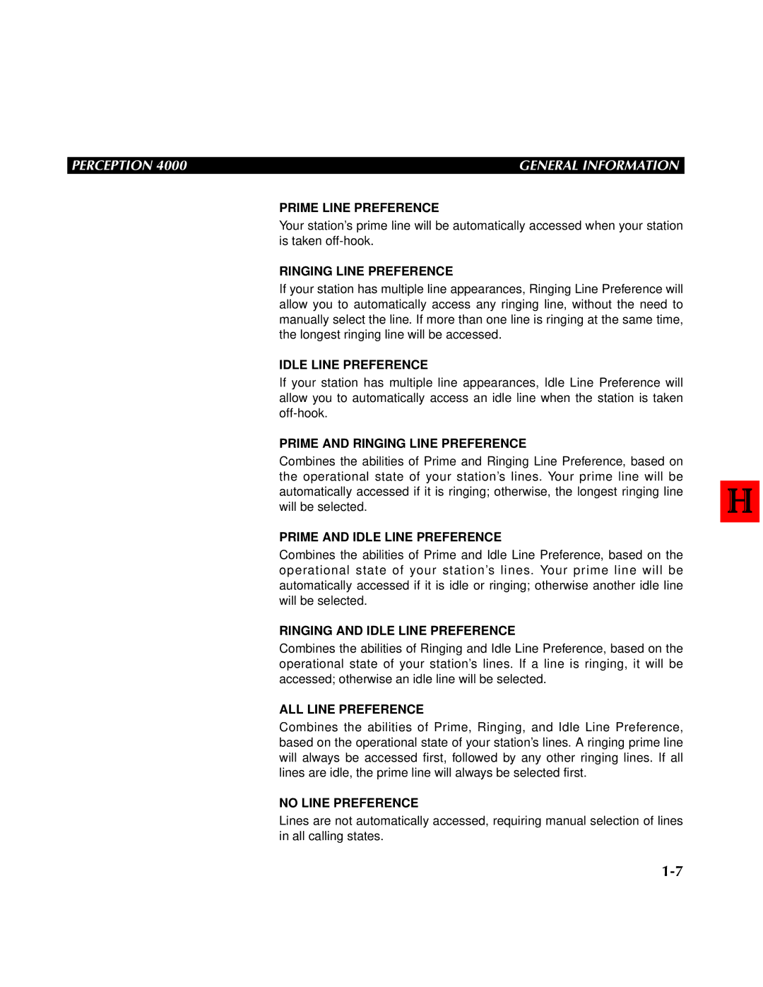 Toshiba 4000 manual Prime Line Preference, Idle Line Preference, Prime and Ringing Line Preference, ALL Line Preference 