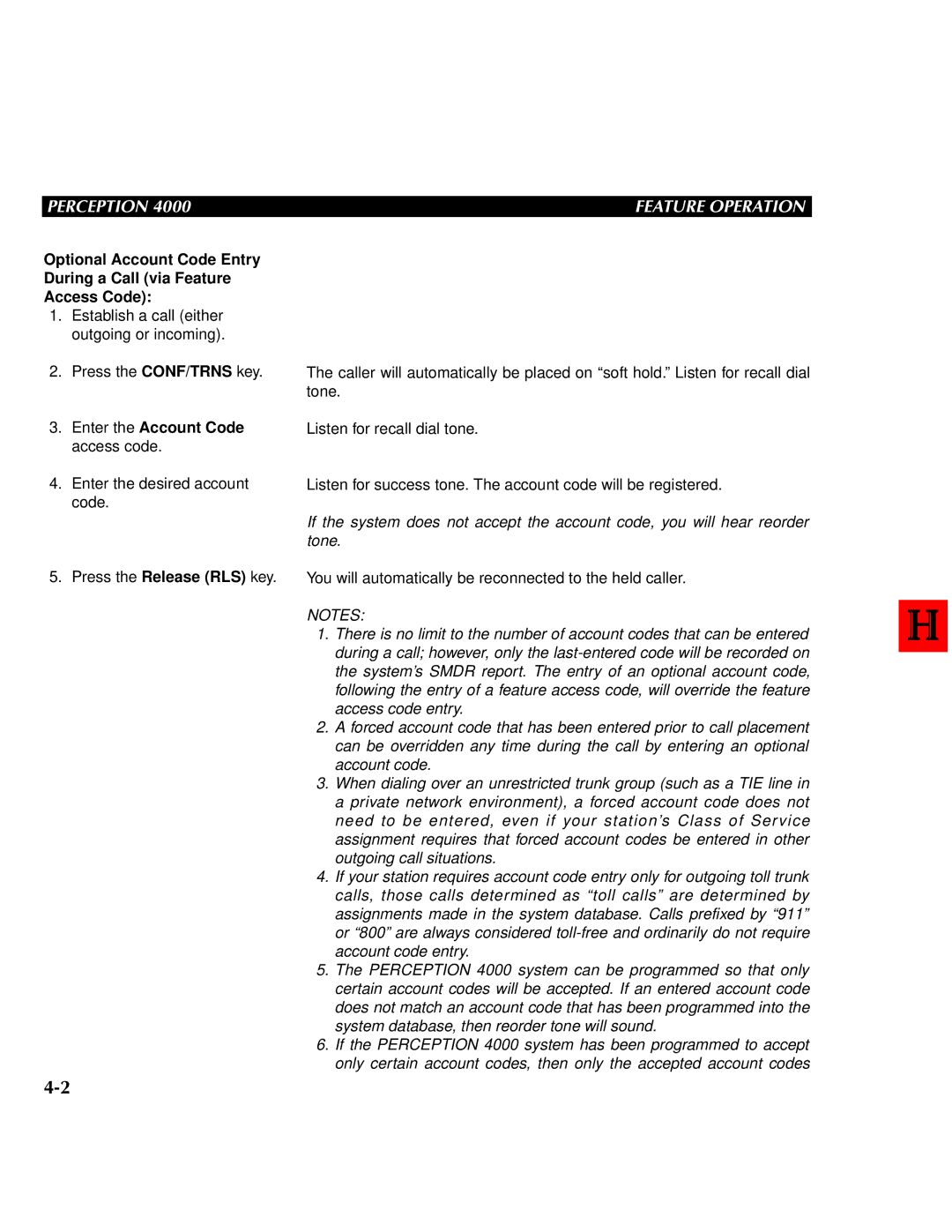 Toshiba 4000 manual Feature Operation, Enter the Account Code access code 