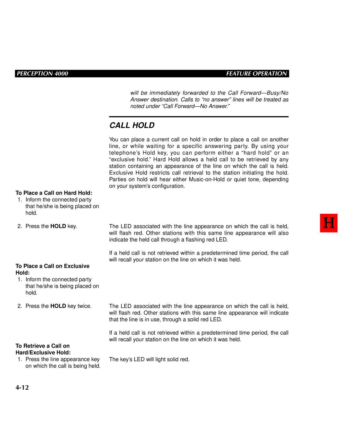 Toshiba 4000 To Place a Call on Hard Hold, To Place a Call on Exclusive Hold, To Retrieve a Call on Hard/Exclusive Hold 