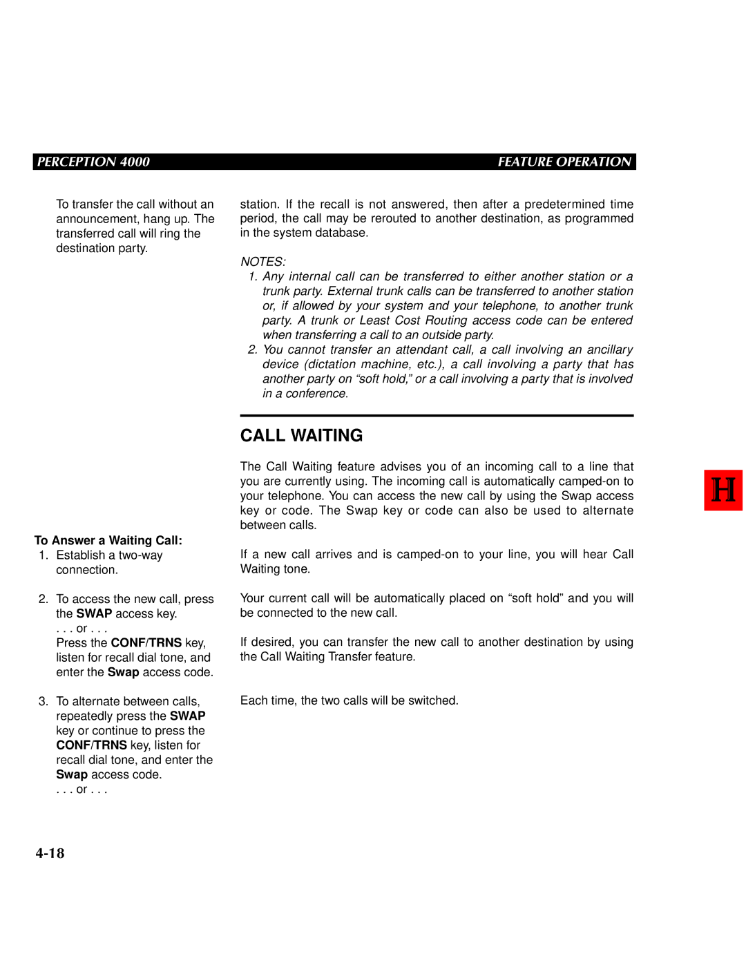 Toshiba 4000 manual Call Waiting, To Answer a Waiting Call 