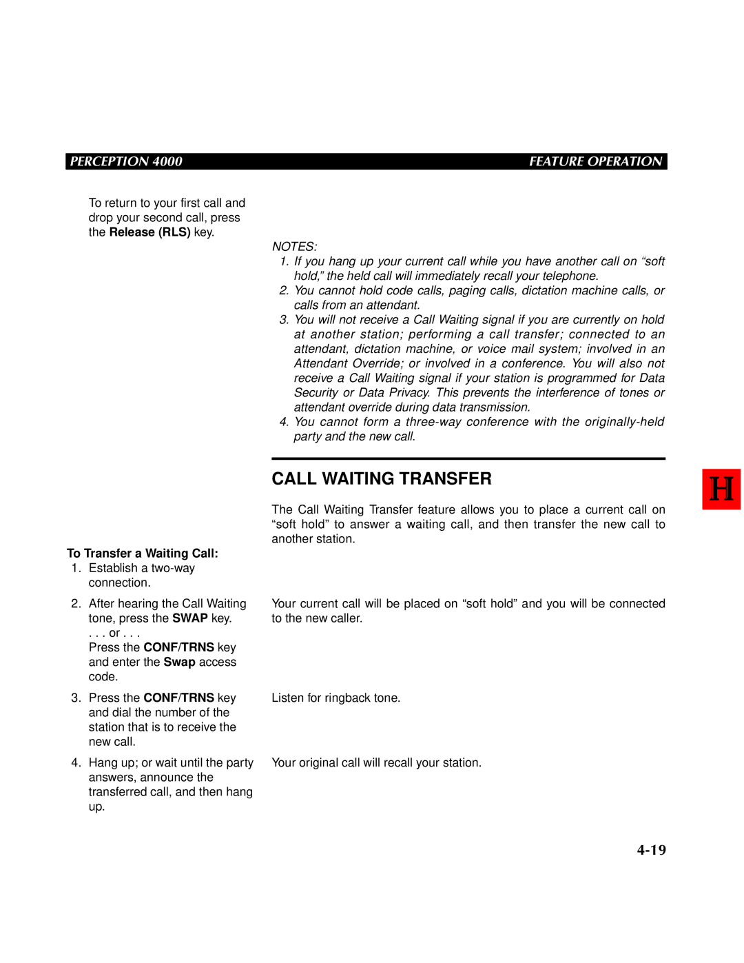 Toshiba 4000 manual Call Waiting Transfer, To Transfer a Waiting Call 