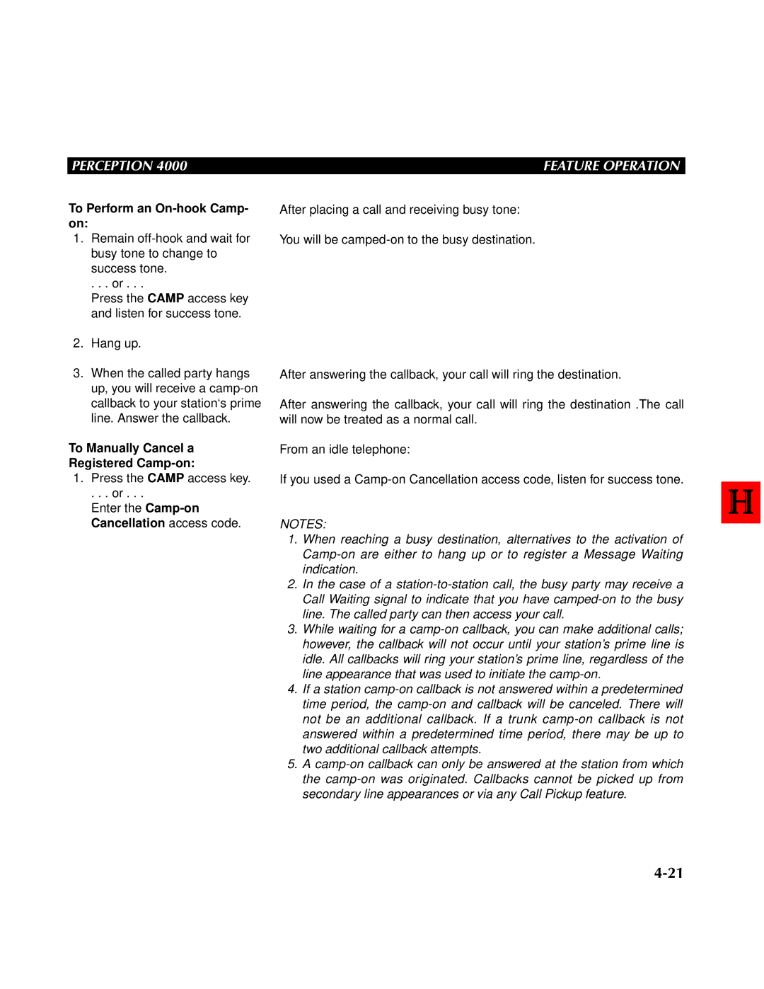 Toshiba 4000 manual To Perform an On-hook Camp- on, To Manually Cancel a Registered Camp-on 