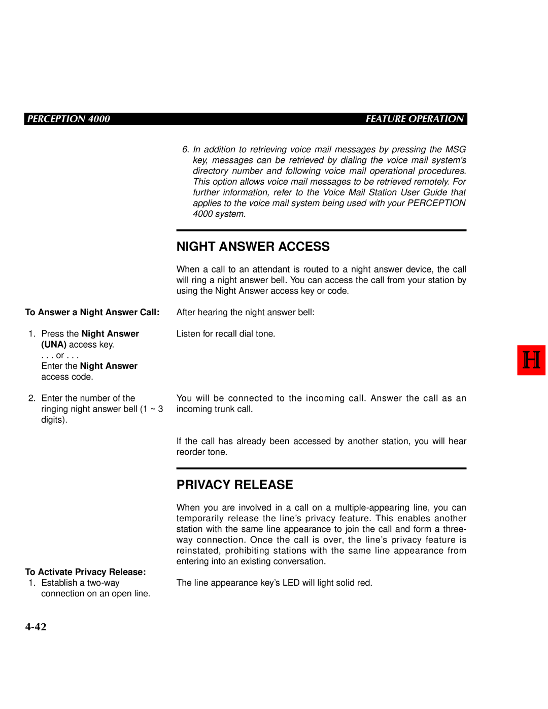 Toshiba 4000 manual Night Answer Access, Privacy Release, To Answer a Night Answer Call, Enter the Night Answer 