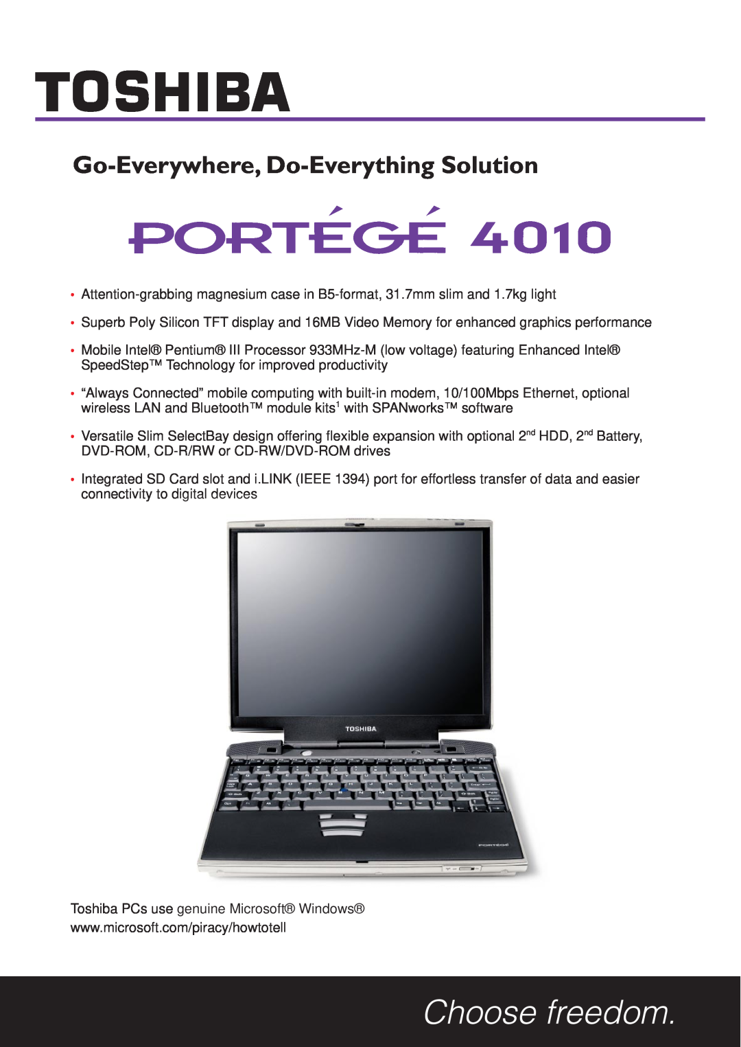 Toshiba 4010 manual Go-Everywhere, Do-Everything Solution 