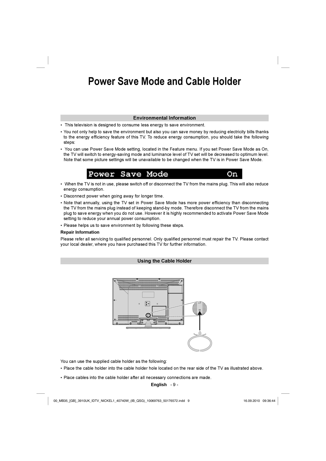 Toshiba 40BV700B Power Save Mode and Cable Holder, Environmental Information, Using the Cable Holder, Repair Information 