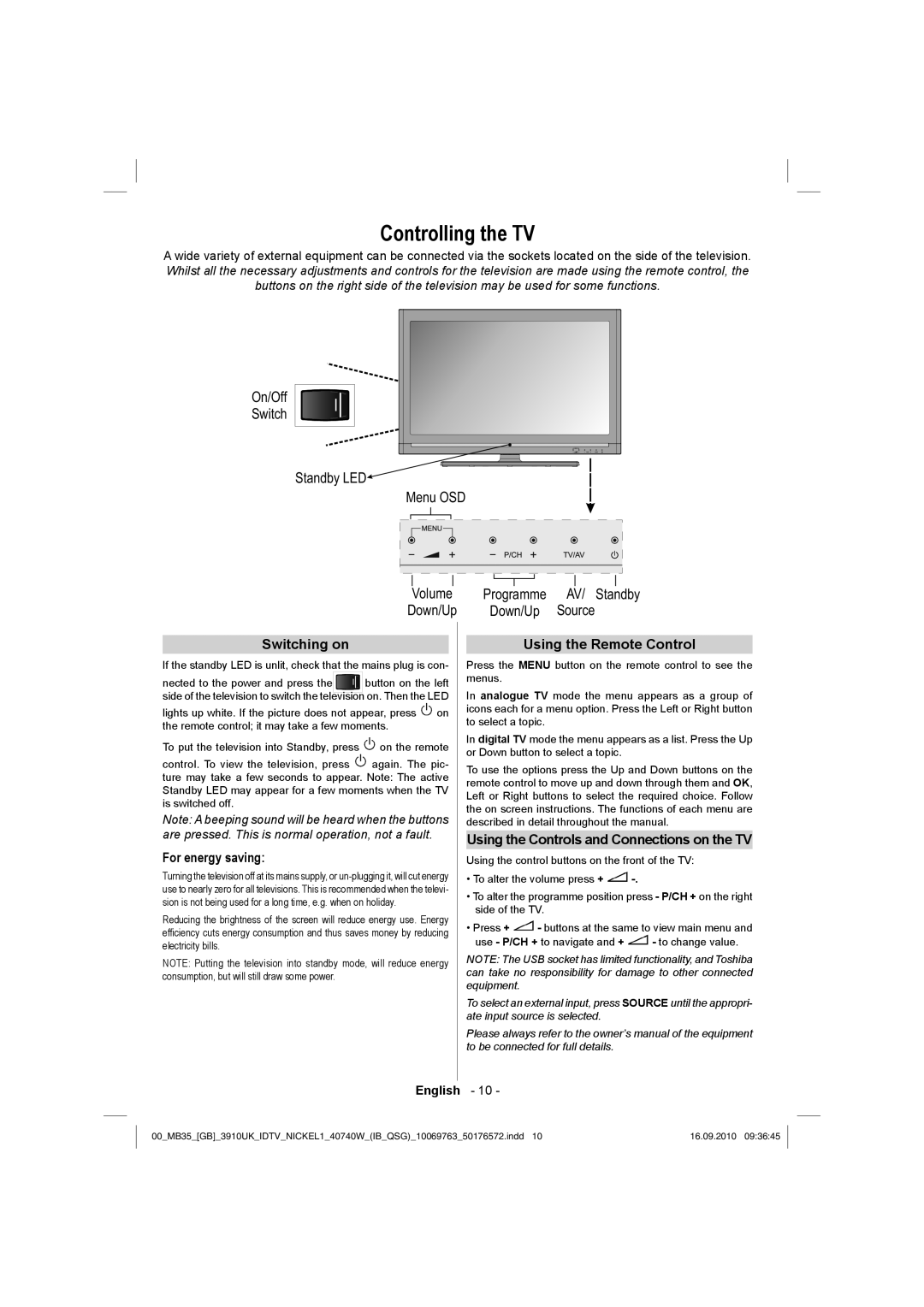 Toshiba 40BV700B owner manual Controlling the TV, Switching on, For energy saving, Using the Remote Control 