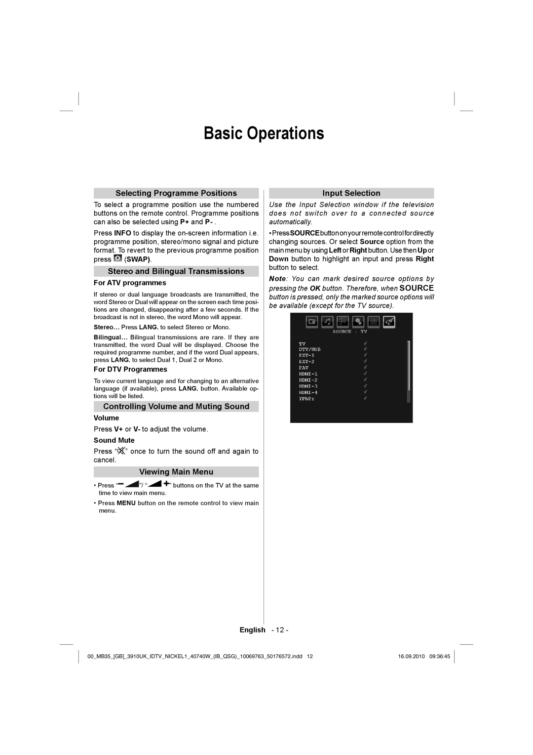 Toshiba 40BV700B owner manual Basic Operations 