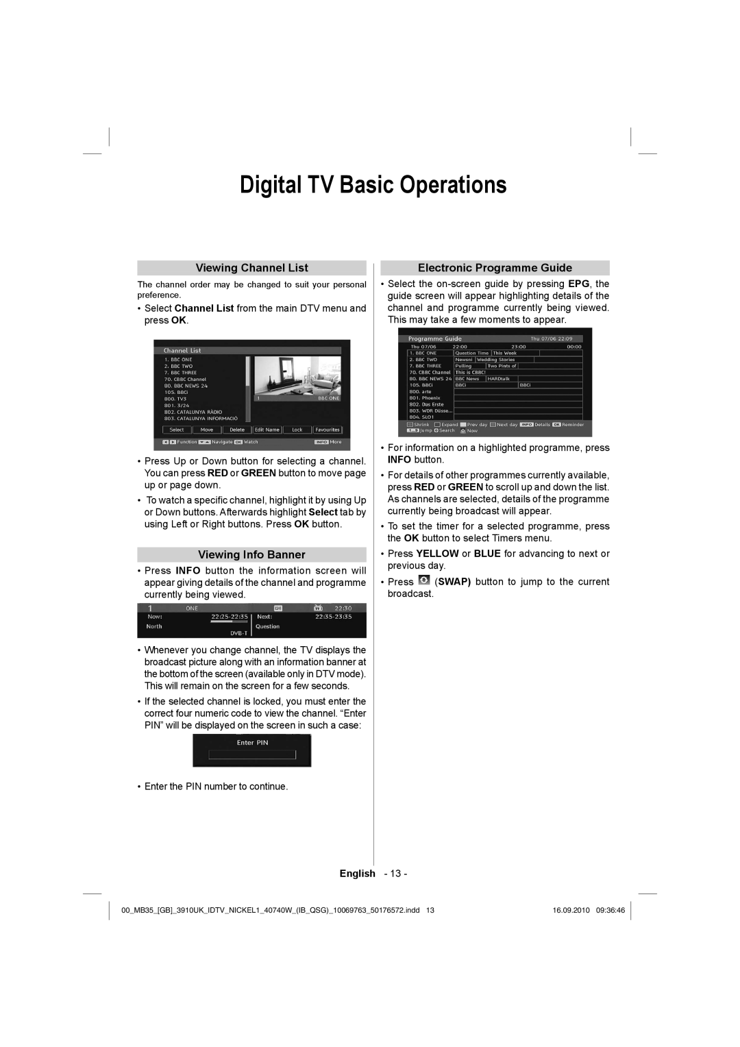 Toshiba 40BV700B Digital TV Basic Operations, Viewing Channel List, Viewing Info Banner, Electronic Programme Guide 