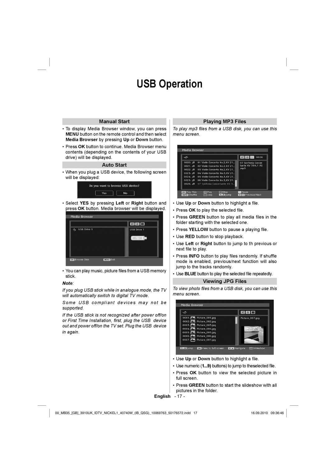 Toshiba 40BV700B owner manual USB Operation, Manual Start, Auto Start, Playing MP3 Files, Viewing JPG Files 