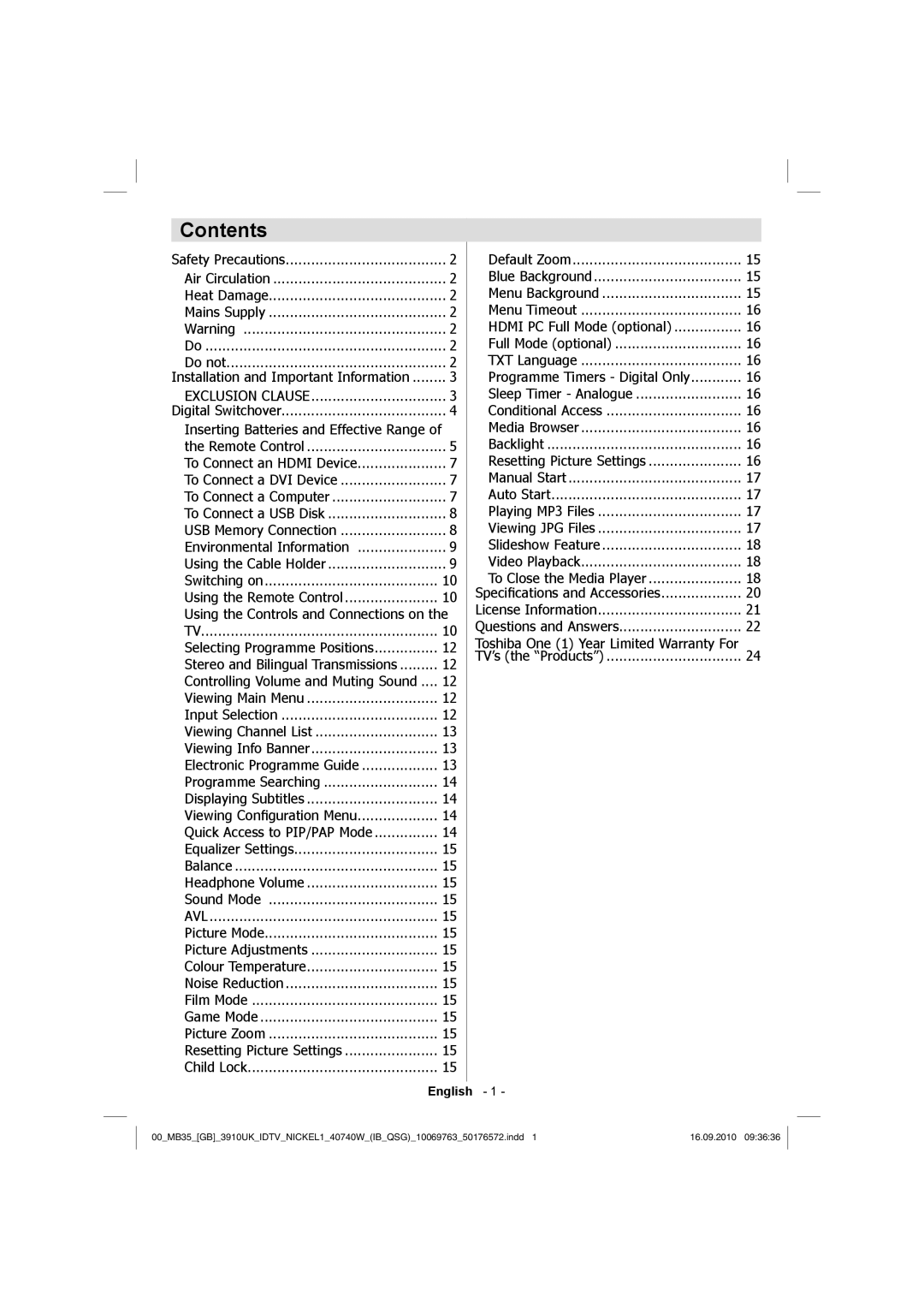 Toshiba 40BV700B owner manual Contents 