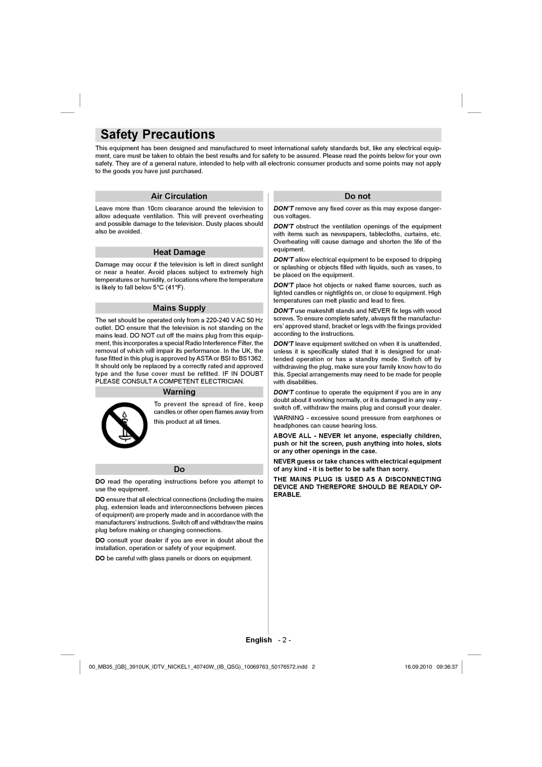 Toshiba 40BV700B owner manual Safety Precautions, Air Circulation, Heat Damage, Mains Supply, Do not 